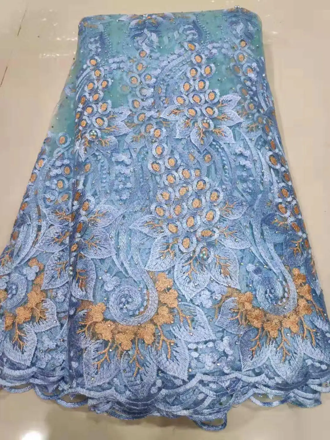 Модные небесно-голубые французские бисерные кружевные ткани 2018 3d Цветы из камней ткань Роскошная полная бисерная Свадебная Кружевная