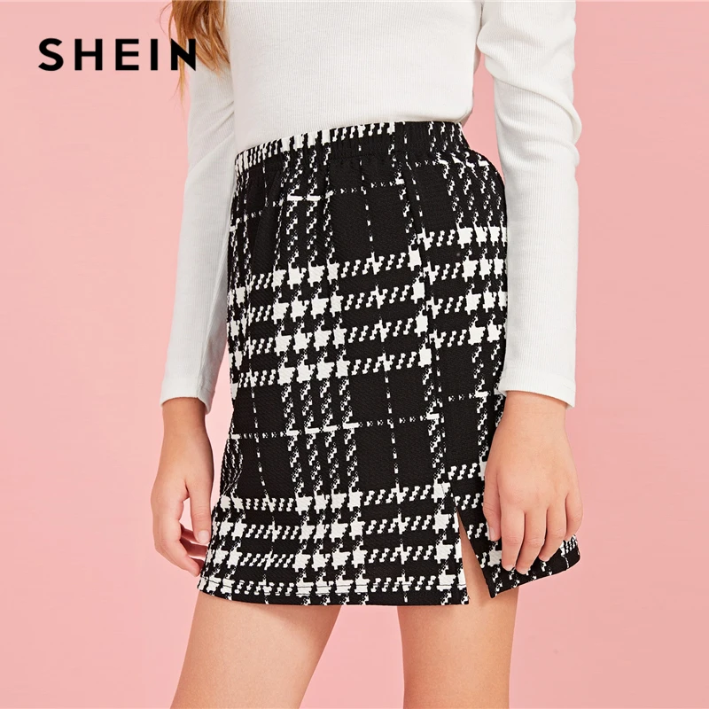 SHEIN/Детская Повседневная мини-юбка в черно-белую клетку с разрезом на подоле, детские штаны, осенние прямые юбки с высокой талией для подростков