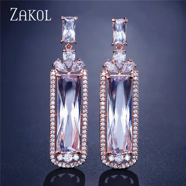 Rose Gold Color ZAKOL прозрачные длинные висячие серьги с большим багетом из кубического циркония для женщин, свадебные вечерние ювелирные изделия FSEP2326 - Окраска металла: Rose Gold Color