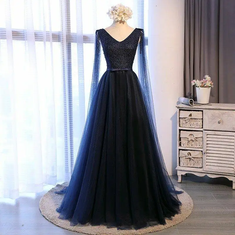 O130 Pearls Red Pink Navy Blue Evening Dresses Women Sexy V-Neck Full Lace Up Prom Wedding Party Dress Girls Luxury Formal Gown long sleeve evening gowns Evening Dresses