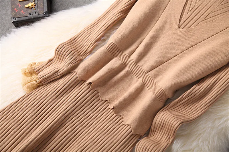 Новинка, женское модное платье на осень и зиму, Vestidos, длинный рукав, кружево, пэтчворк, вязаный жилет, топ+ платье-свитер, комплект из 2 предметов