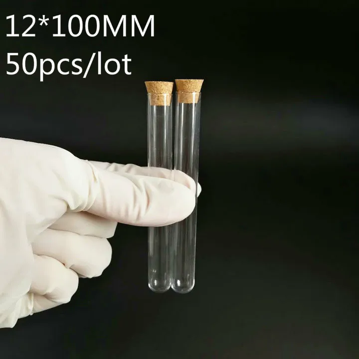 

50pcs/lot 12x100mm U-shaped Bottom Clear Glass Test Tubes with Cork Stopper for Kinds of Labs/schools Glassware