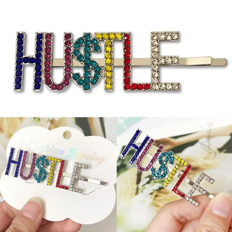 Женская забавная заколка для волос в стиле Харадзюку с надписью Hustle радужные разноцветные стразы, украшенные ювелирное изделие в виде заколки с боковой челкой