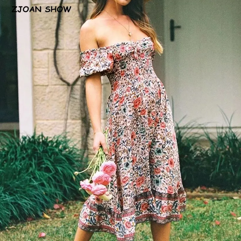Bohemia Floral print Elastic Ruched Body Slash Shoulder BOHO Dress