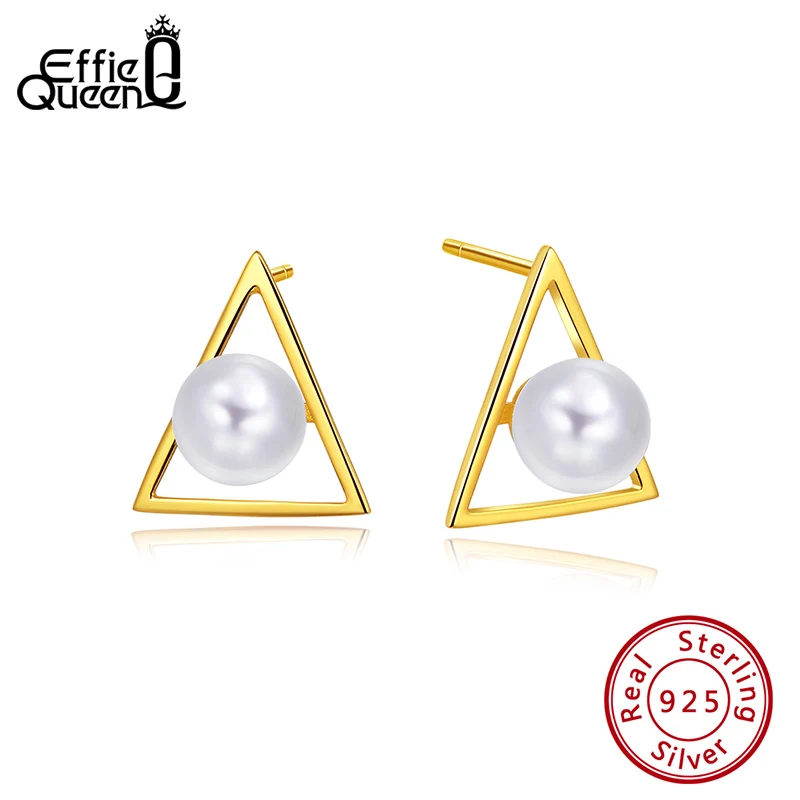 

Effie Queen 925 Sterling Silver Jewerly Triangle Earrings Top Grade Simulated Pearl Stud Earrings For Women Jewelry Gift BE179