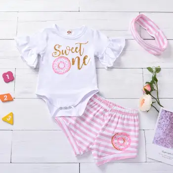 

Baby Girl Sweet One print romper + shorts + Headband 3pcs outfits children donuts clothes set