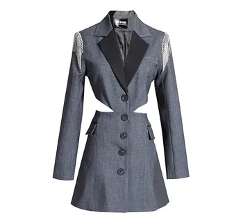 

South Korea Dongdaemun net red spring big-name temperament waist hollow suit shoulder metal tassel fake two coats