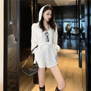 

Summer tracksuits womens two peices set Hooded Thin Sweatshirt + Elastic Waist Short Casual Set