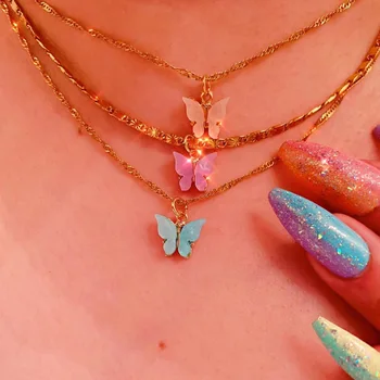 

DanYuan New Arrival Insect Pink Yellow Green Purple Acrylic Butterfly Pendant Charm Necklace Acylic Butterfly Necklace for Girl