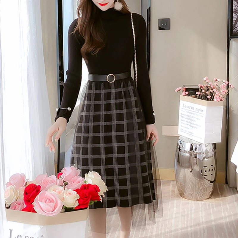 plaid dress over turtleneck