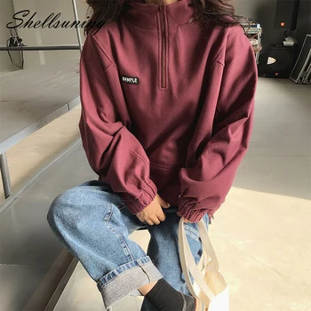 

Shellsuning Cropped Top Zipper Lantern Sleeve Sweatshirt Women Letter Harajuku Pocket Oversized Hoodies Vintage Thick Clothes