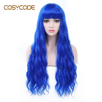 

COSYCODE Blue Wig with Bangs Long Wavy Curly Wig Natural Wave 26 inch Non-Lace Synthetic Cosplay Women Wig Costume Party