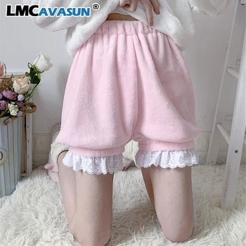 

Winter Cute Lolita Girls Warm Velvet Shorts Sweet High Waist Lace Women's Plush Shorts Summer Kawaii Bloomers Shorts Pink White