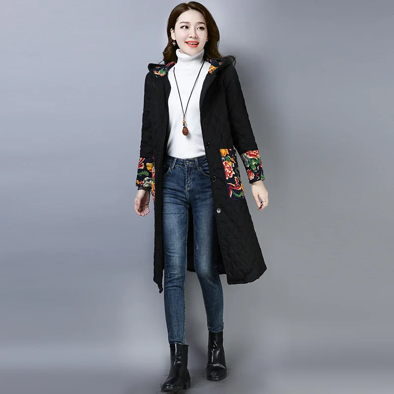 

2019 Winter New Style Ethnic-Style Large Size Dress Cotton Cloth Padded Hooded Printed Mid-length Cotton Overcoat
