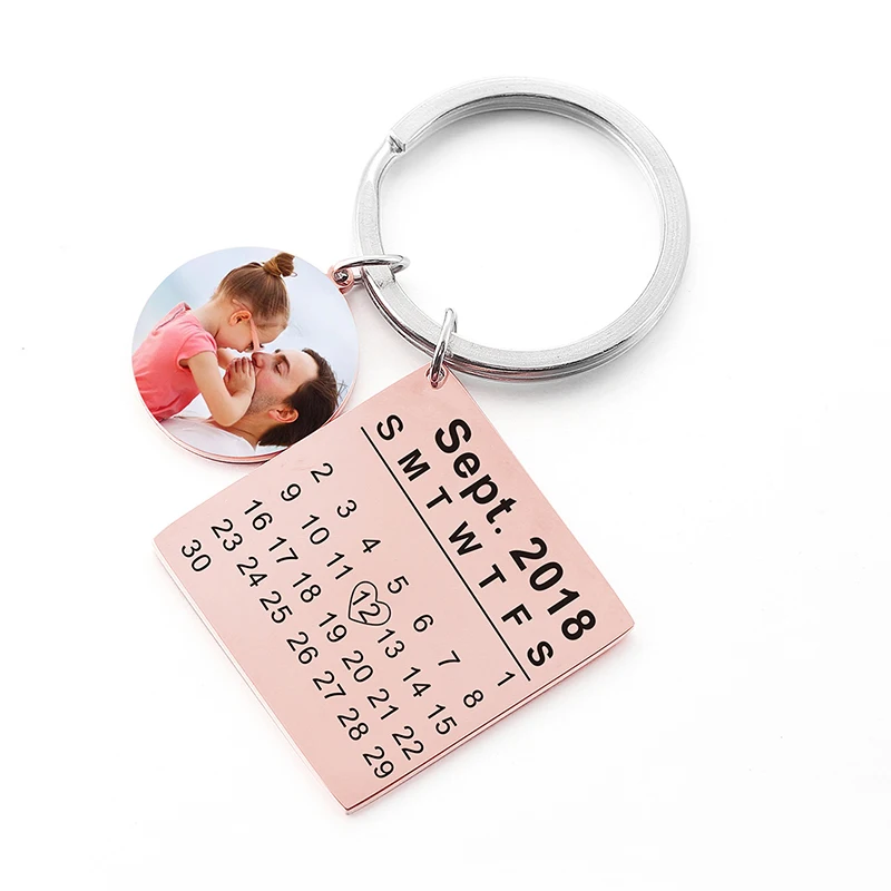 

Customized Round Heart Photo Keychain Personalized Memorial Day Calendar Birth Date Tag Circle Keyring Women Jewelry Couple Gift