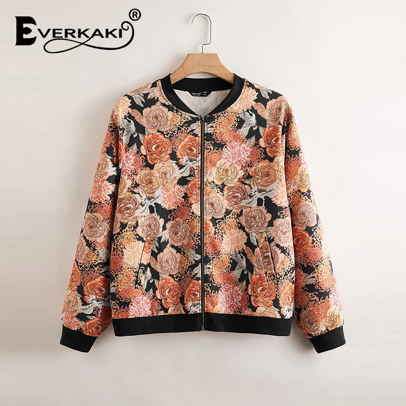 long bubble coat Everkaki Flowers Print Coat Jackets Women Harajuku Y2K Oversized Zipper Ladies Boho Baseball Outerwear Bomber Jacket Female 2021 parka coat Coats & Jackets