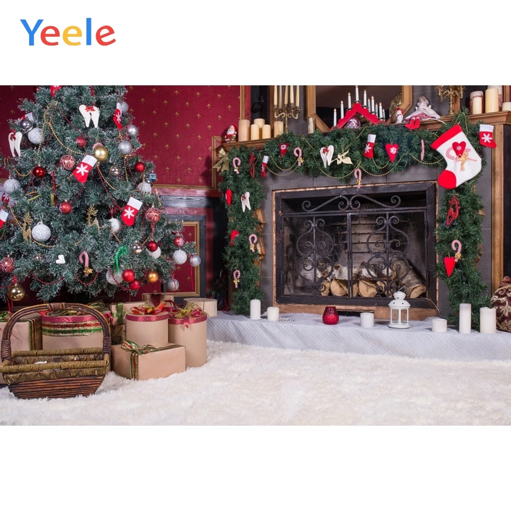 

Christmas Tree Sock Fireplace Snow Grass Baby Birthday Backdrop Photography Custom Photographic Background For Photo Studio