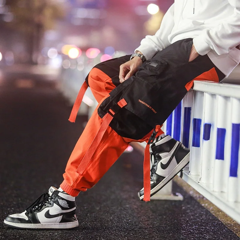 

Patchwork Casual Cargo Pants Sweatpants Trousers Men Work Long Sweat Male Loose Pockets Blue Pants Fashion Hip Hop Parkour Pants
