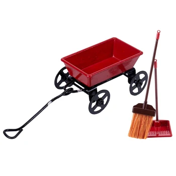 

1:12 Dollhouse Miniature Fairy Garden Car Red&Black & Dollhouse Miniature 1:12 Toy Red Metal Long Handles Broom and Dust Pan Set