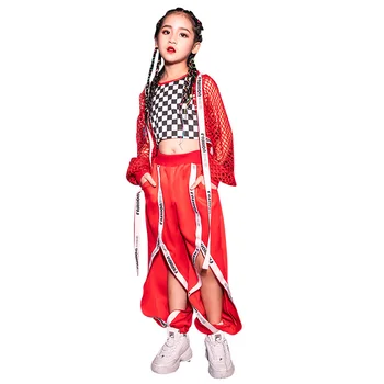 

Girls Jazz Dance Costumes Children Hip Hop Clothing Red Suit Street Dance Navel Sets Tide Clothes Show Dance Outfits 110-170cm
