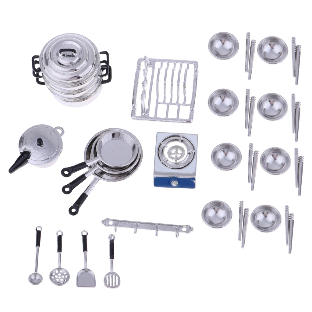 1:12 Dollhouse Miniature Metal Pots and Pans & Tableware Set Kids DIY Accessories
