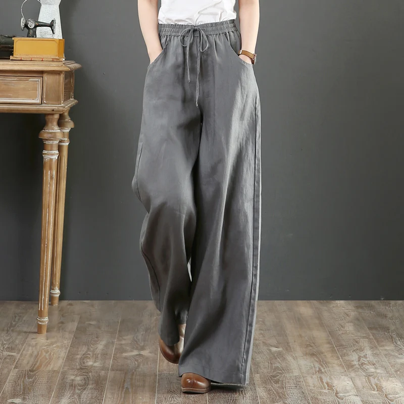 

Pure linen Large size wide leg pants drawstring elastic waist cotton and linen women Trousers Summer Long Pants