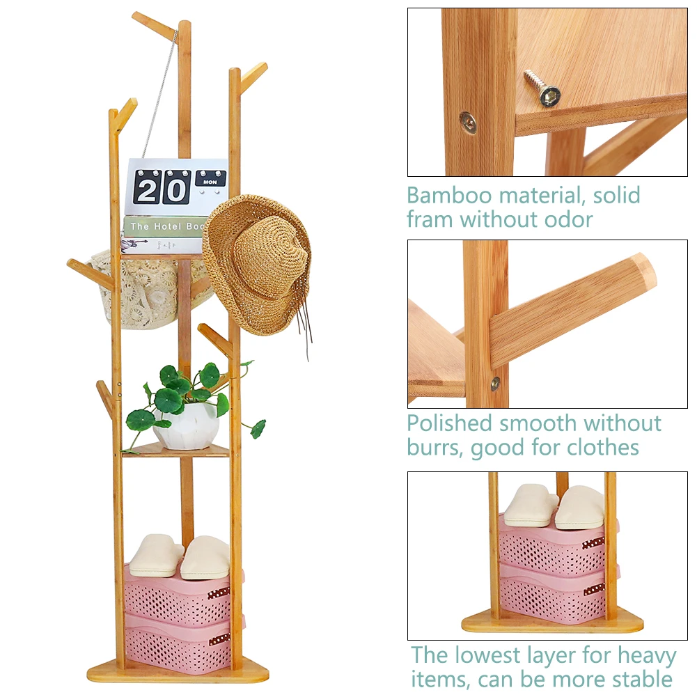 Bamboo Coat Rack Tree Cloth Hanger 9 Hooks 3-Layer Shelf Stand Hallway Living Room for Hat,Clothes,Scarves,Handbags,Umbrella 5