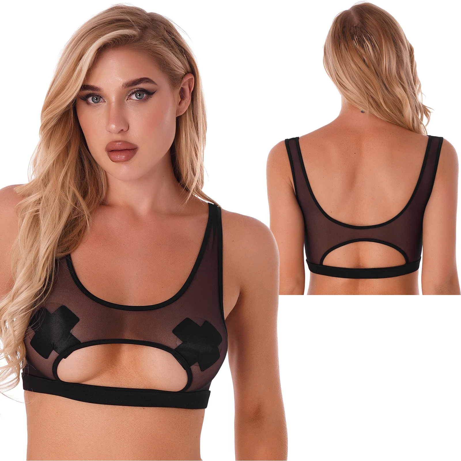 

Women Sheer Mesh Camisole Cutout Crop Top See-through Sexy Bra U Neck Sleeveless Bralette Vest Porno Lingerie Tank Tops Clubwear