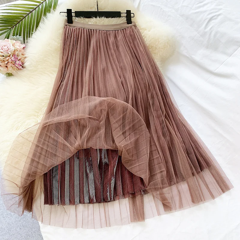 REALEFT Autumn Mesh Bling Bling Party Pleated Long Skirts Patchwork Vintage High Waist Harajuku Tulle Skirts New Purple