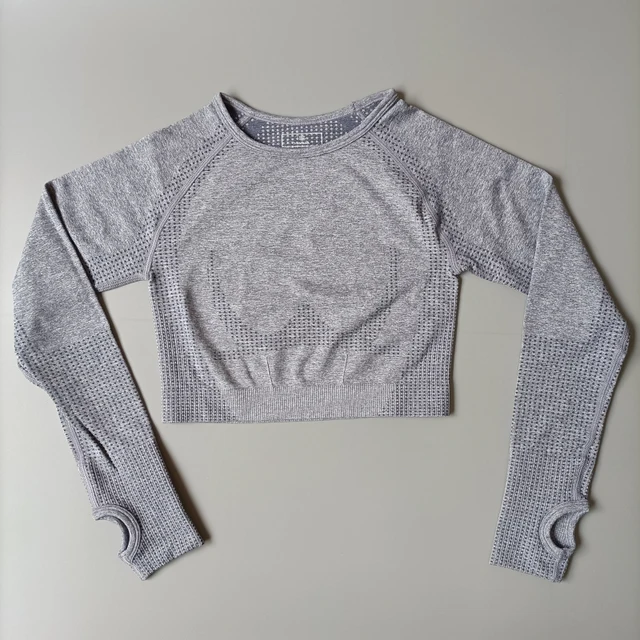 Personality Cotton Crop Top Sports Yoga Shirts women Long Sleeves Gym Workout T-shirts Fitness Sports Wear For Women Gym Tops Gray Blue