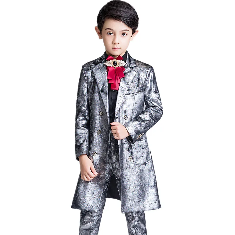 

2022 Childrens Formal Wedding Suit Sets Flwoer Boy Long Blazer+Pants+ Shirt+Bowite Dress Outfits Kids Performance Party Costume
