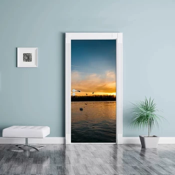 

3d Door Sticker Home Tree Outline Sea Sunset Self Adhesive Renew Decor Print Wall Art PVC Waterproof Wallpaper Picture Boys Room