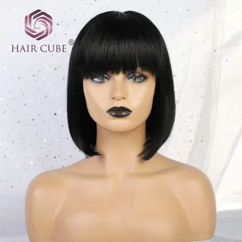 

Haircube Synthetic 8 Inch Wig 50% Human Hair Natural Black Bob Wigs with Neat Bangs Short Straight Hair Wigs For Women