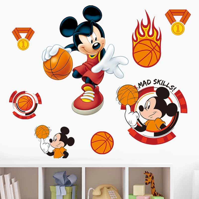 Cartoon Disney Mickey Play Basketball Wall Stickers For Nursery Kids Room Home Decor Bedroom Wall Decals PVC Mural Art Wallpaper