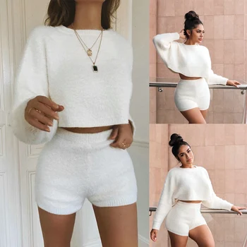 

Autumn Women Casual Set Solid Color O-neck Long Sleeve Short Top And Elastic High Waist Slim Shorts Womens TwoSets