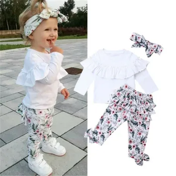 

Toddler Kids Baby Girl Winter Long Sleeve Clothes Ruffle Floral White Tops Long Pants Bowknot Headband Tracksuit Outfits Set