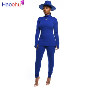 

Ribbed Cotton 2 Piece Set Autumn Winter Clothes for Women Turtleneck Long Sleeve Slim T Shirt and Pencil Pants Solid Causal Set