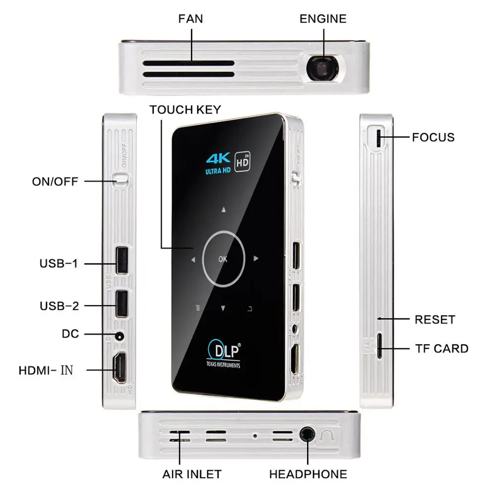 Alston c6 mini 4k dlp android 9.0 projetor wifi bluetooth 4.0 portátil ao ar livre filme de vídeo cinema em casa apoio miracast airplay-5