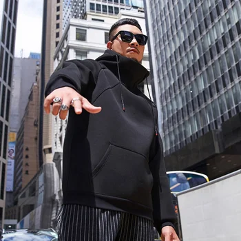

Tide fat pure black large size men's spring and autumn loose casual stitching 140kg fat guy high collar hooded sweater 7x