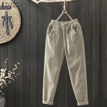 

Women's Corduroy Pants Autumn Harem Pants 2020 ZANZEA Winter High Elastic Long Pantalon Female Casual Turnip Palazzo Plus Size