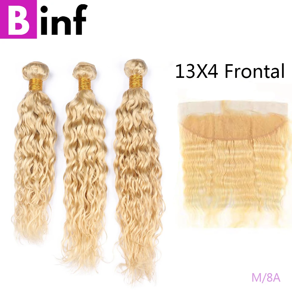 613 Blonde 3 Bundles with Frontal Peruvian Water Wave Frontal With Bundles "13x4"Transparent Lace Pre Plucked Remy Hair On Sale
613 Blonde 3 Bundles with Frontal Peruvian Water Wave Frontal With Bundles "13x4"Transparent Lace Pre Plucked Remy Hair On Sale