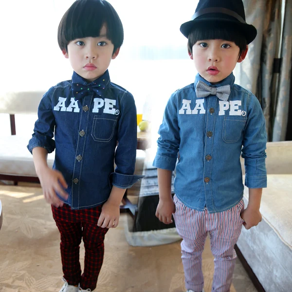 Children's Denim Shirt Spring New Denim Blue Korean Style Children's Fashion Baby Shirt Boys and Girls Long Sleeve