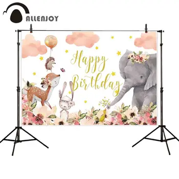 

Allenjoy Happy Birthday Event Curtains Elephant Deer Rabbit Hedgehog Balloons Stars Cloud Wallpapers Flowers Leaves Party Decor