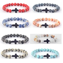 

Natural Stone Bracelet Homme Cross Black Lava Matte Beaded Bracelet Handmade Men Women Prayer Fitness Chain Couple Jewelry Gift