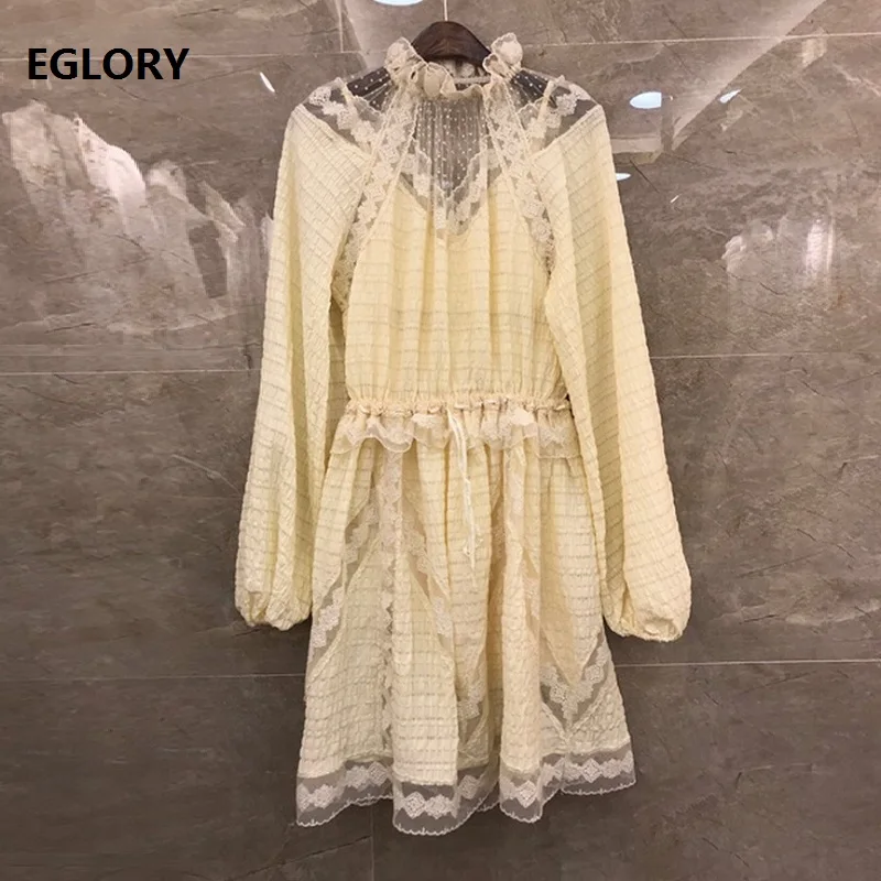 High Quality Cotton Dress Autumn Sexy Party Club Dresses Women Ruffled Collar Sexy Sheer Mesh Patchwork Long Sleeve Dress