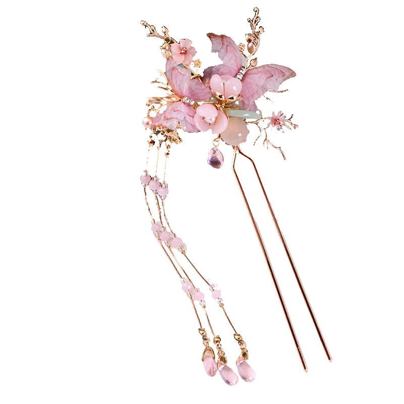 Винтажная розовая бабочка камень ручной зажим для волос кисточка заколка для волос аксессуары на палочках головные уборы для кимоно ханьфу, косплей