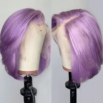 

Purple Ombre Colored 13*4 Lace Front Human Hair Wigs 150% Short Bob 13*6Brazilian Remy For Black Women Plucked Bleached Hairline