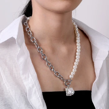 

EN Classic Baroque Pearl Pendant Necklace for Women Wedding Punk Lasso Big Chunky Thick Lock Chain Necklace bridal Jewelry Gifts