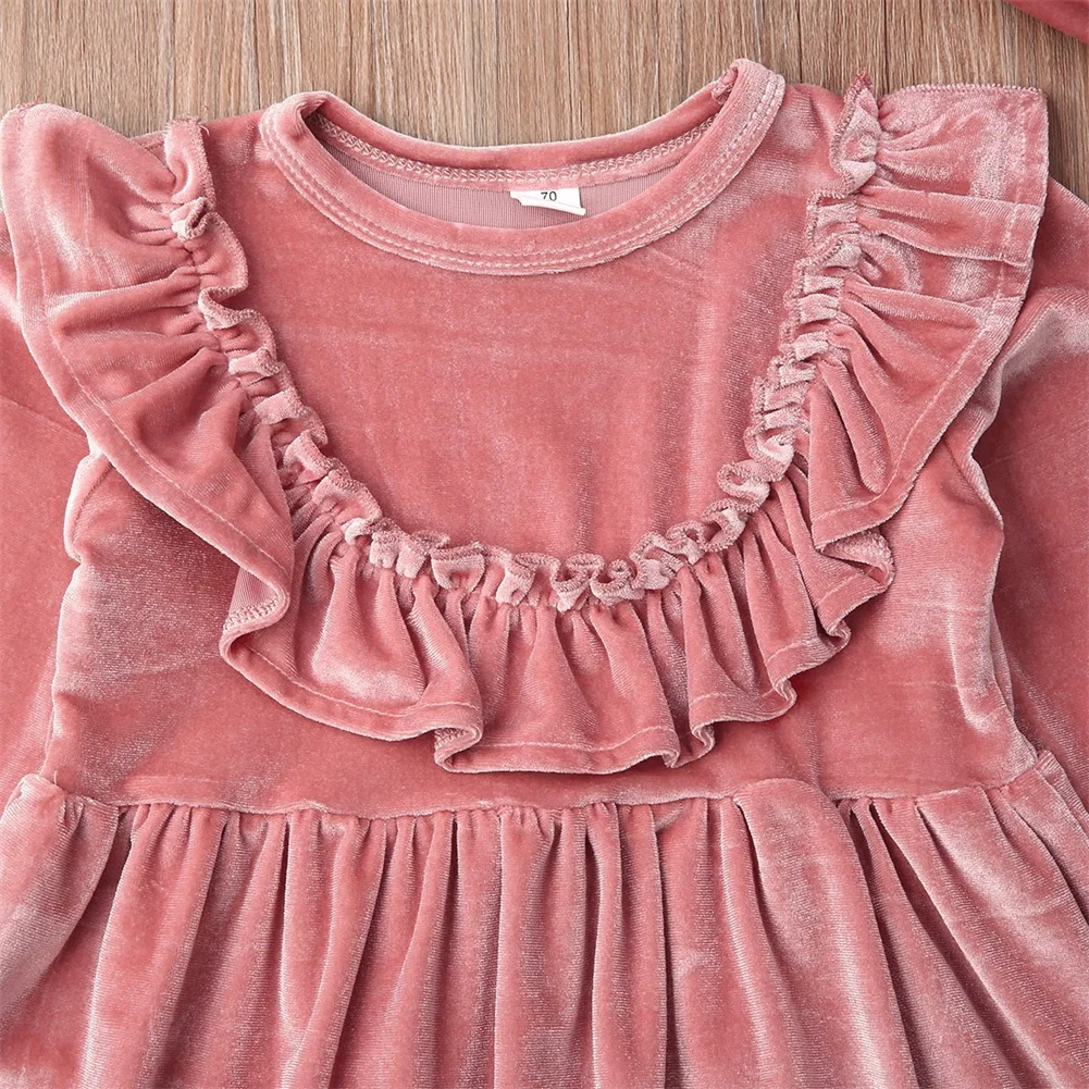 Focusnorm/От 1 до 6 лет; осеннее платье для маленьких девочек; Розовая одежда; бархатное платье с длинными рукавами; платье принцессы; повязка на голову; одежда из 2 предметов