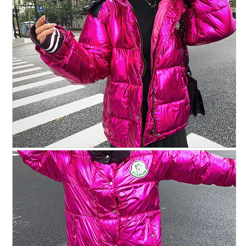 Глянцевый Зимний пуховик с хлопковой подкладкой для женщин, толстая Яркая розовая красная короткая блестящая куртка, розовая черная серебряная хлопковая парка